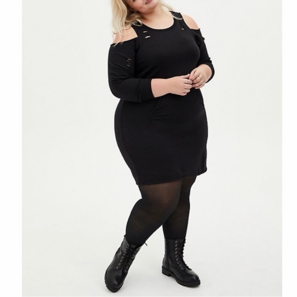 NEW TORRID Daring Distressed Black Fleece Knit Cold Shoulder Sweatshirt